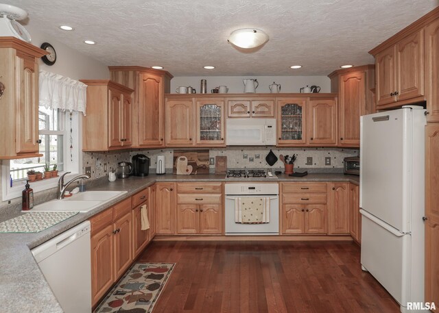 kitchen featuring dark wood-style flooring, white appliances, glass insert cabinets, backsplash, and a sink