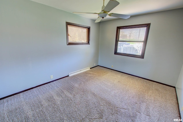 unfurnished room featuring a baseboard radiator, light colored carpet, ceiling fan, and baseboards