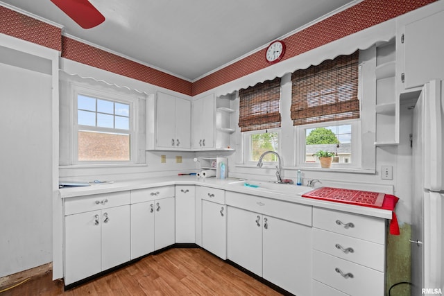 408 E Henry St, Atkinson, IL 61235 - kitchen featuring a sink, open shelves, light countertops, light wood-type flooring, and crown molding