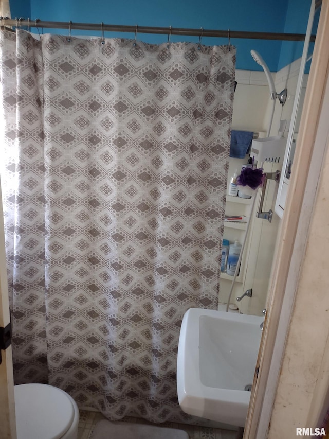 full bathroom with toilet, a shower with curtain, and a sink
