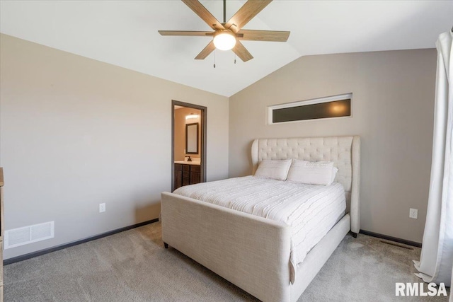 bedroom featuring visible vents, baseboards, a ceiling fan, vaulted ceiling, and light colored carpet