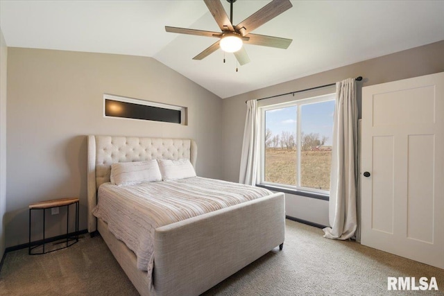 bedroom featuring carpet, ceiling fan, baseboards, and lofted ceiling