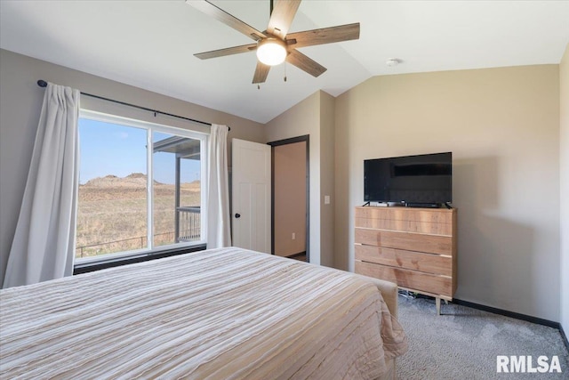 bedroom featuring a ceiling fan, baseboards, lofted ceiling, and carpet