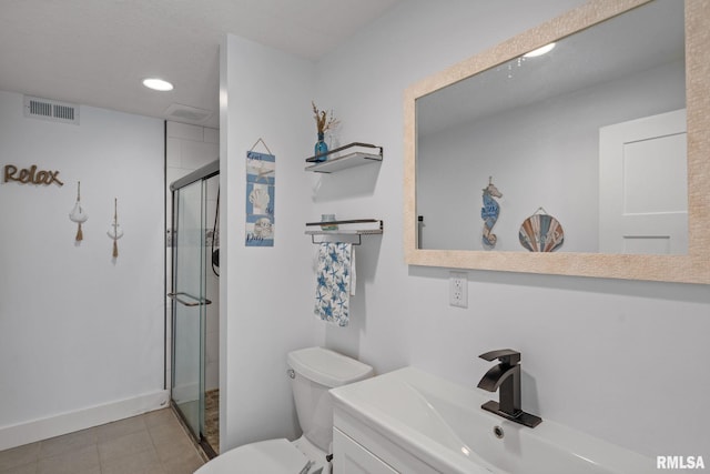 full bath with a shower stall, visible vents, recessed lighting, toilet, and a sink