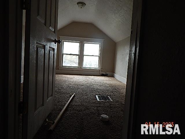 additional living space with a textured ceiling, vaulted ceiling, baseboards, visible vents, and carpet