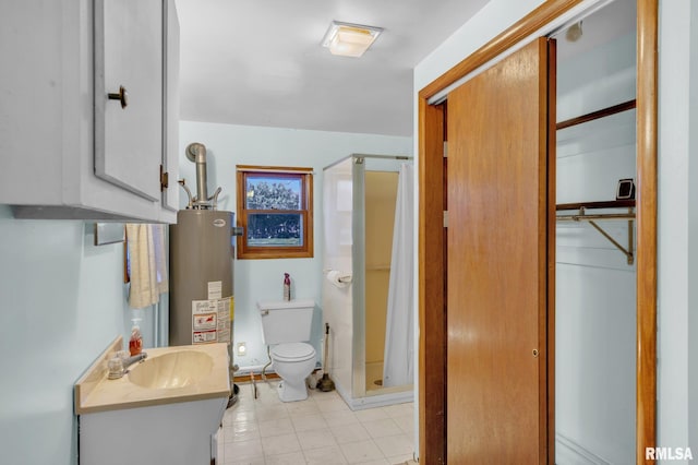 full bath with toilet, water heater, tile patterned flooring, a shower stall, and vanity