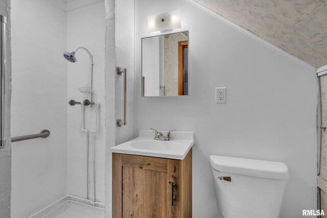 full bath with toilet, walk in shower, and vanity