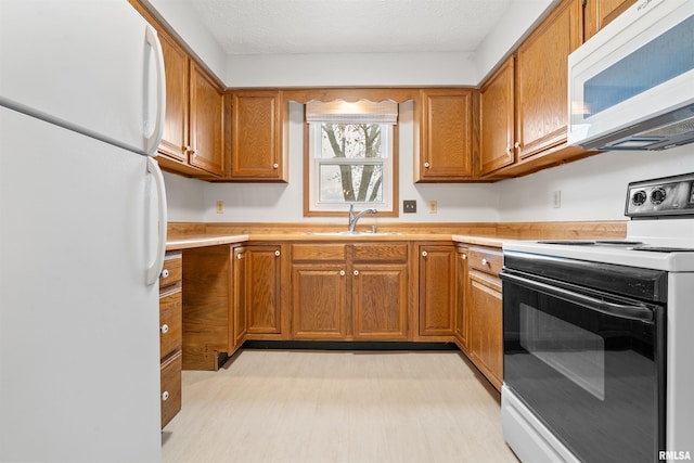 kitchen featuring brown cabinetry, light countertops, white appliances, and a sink