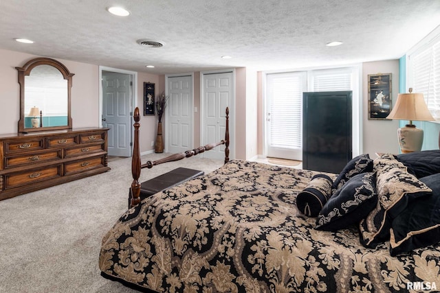 505 W College St, Energy, IL 62933 - carpeted bedroom with visible vents, a textured ceiling, and recessed lighting