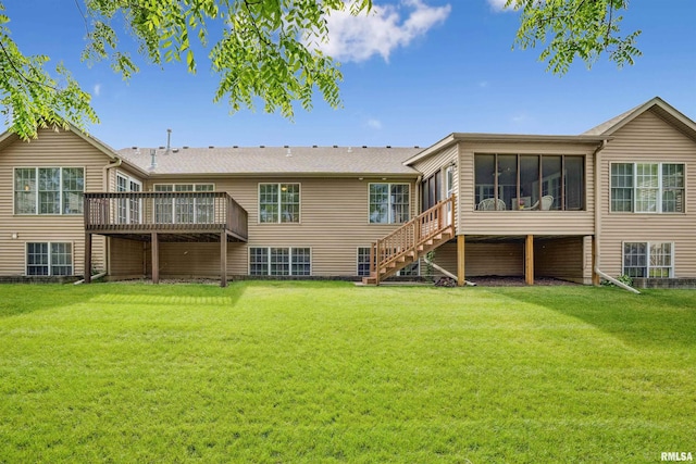 1357 Pinnacle Pines Ct, Bettendorf, IA 52722 - rear view of property featuring a sunroom, a deck, a yard, and stairs
