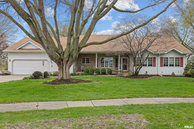 ranch-style home featuring concrete driveway and a front lawn
