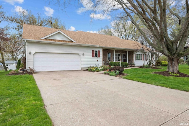 ranch-style house with an attached garage, a shingled roof, a front lawn, and driveway