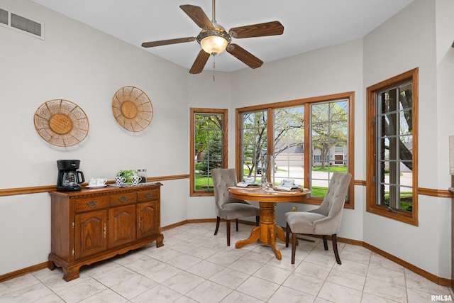 dining space with visible vents, a ceiling fan, baseboards, and plenty of natural light