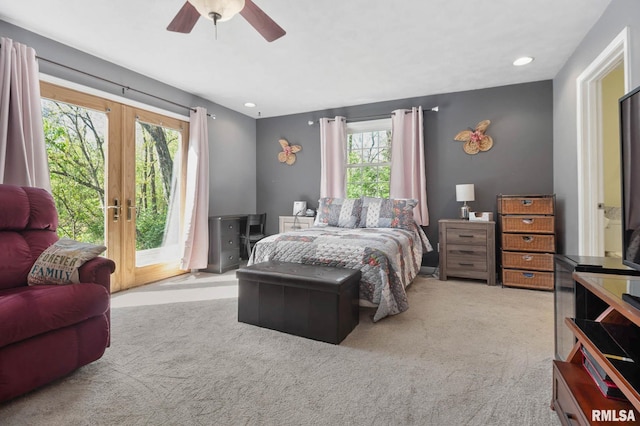 409 Arbor Dr, Carterville, IL 62918 - bedroom with french doors, carpet flooring, access to exterior, recessed lighting, and a ceiling fan