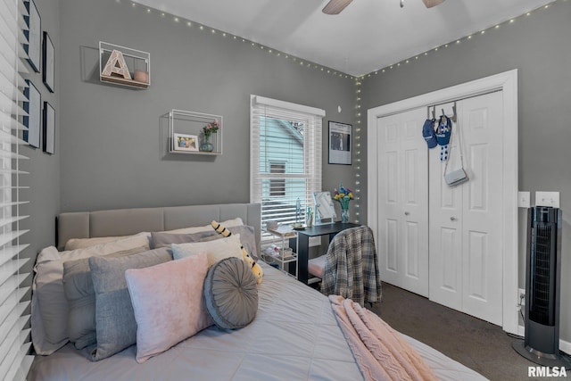 bedroom featuring carpet, a closet, and ceiling fan