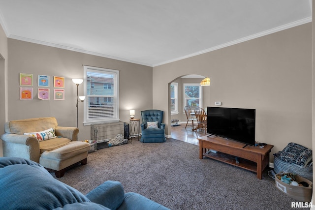 living area with carpet, a healthy amount of sunlight, arched walkways, and crown molding