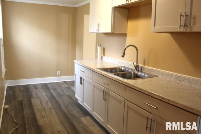 kitchen featuring baseboards, ornamental molding, a sink, and dark wood-style floors