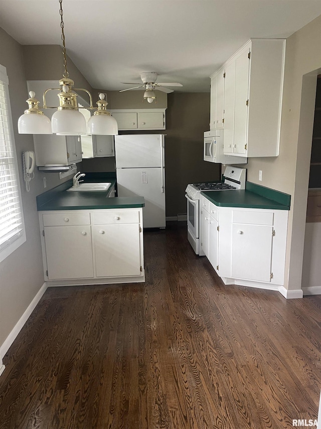 1725 Elmwood Ln, Bettendorf, IA 52722 - kitchen with white appliances, a ceiling fan, dark wood-style flooring, white cabinets, and baseboards