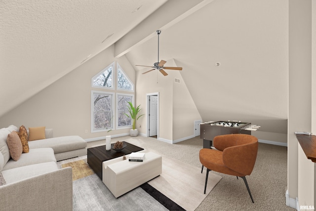 living room with carpet, visible vents, vaulted ceiling with beams, baseboards, and ceiling fan