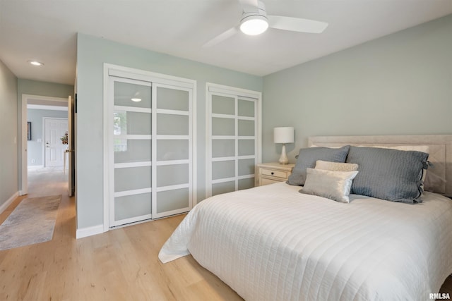 bedroom featuring a ceiling fan and light wood-type flooring
