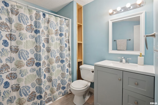 bathroom with a shower with curtain, a textured ceiling, vanity, tile patterned floors, and toilet