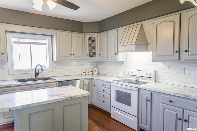 1724 E 1324th St, Fowler, IL 62338 - kitchen featuring white range with electric stovetop, stainless steel dishwasher, a sink, tasteful backsplash, and custom exhaust hood