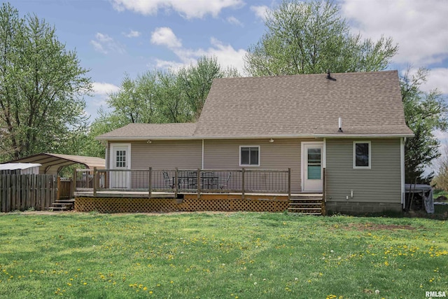 1724 E 1324th St, Fowler, IL 62338 - rear view of property featuring a lawn, a wooden deck, and a shingled roof