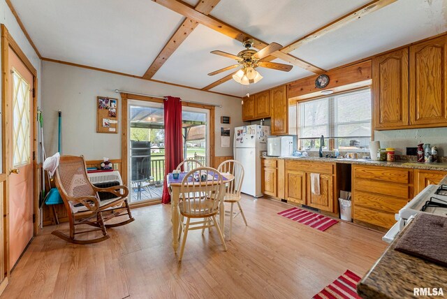 kitchen featuring light wood finished floors, plenty of natural light, white appliances, and a sink