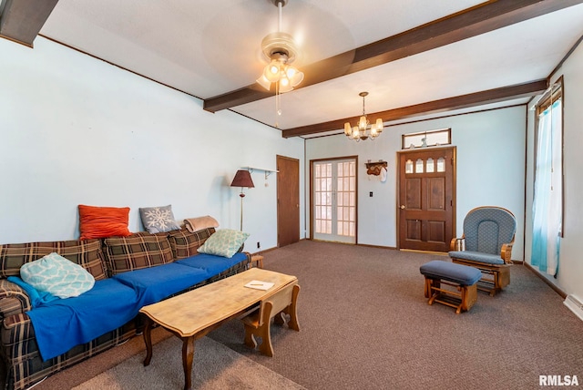 carpeted living room featuring beamed ceiling, baseboards, and ceiling fan with notable chandelier