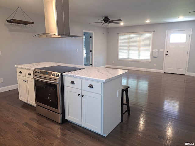 507 Timothy Ln, Galatia, IL 62935 - kitchen with exhaust hood, a ceiling fan, dark wood-style floors, and stainless steel electric range