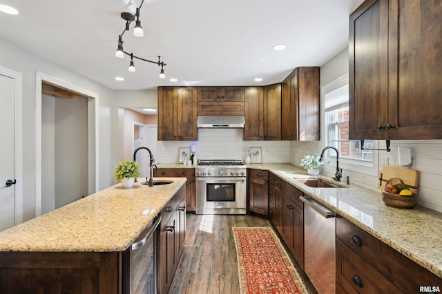 kitchen featuring dark wood-style flooring, appliances with stainless steel finishes, a sink, and exhaust hood