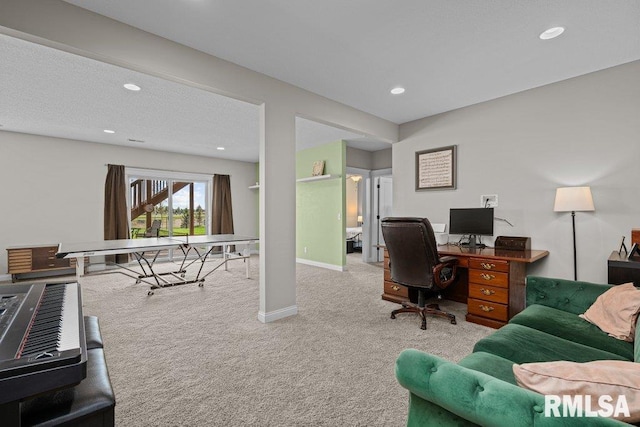 carpeted home office with recessed lighting and baseboards