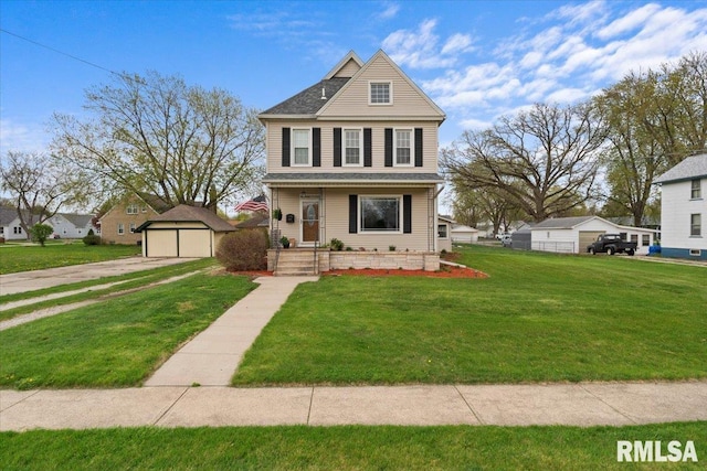 608 S Oakwood Ave, Geneseo, IL 61254 - view of front facade featuring an outdoor structure, a detached garage, covered porch, and a front yard