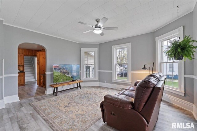 608 S Oakwood Ave, Geneseo, IL 61254 - living room with arched walkways, plenty of natural light, light wood-style flooring, and ornamental molding