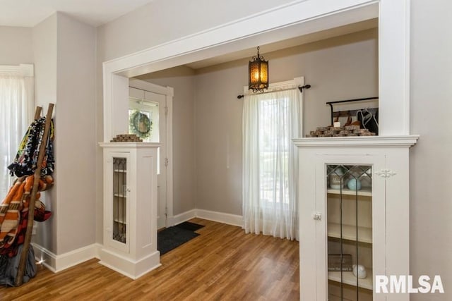 doorway to outside with wood finished floors, baseboards, and a healthy amount of sunlight