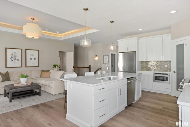 4048 Meadowlark Ct, Bettendorf, IA 52722 - kitchen with decorative backsplash, a sink, appliances with stainless steel finishes, open floor plan, and light wood-type flooring
