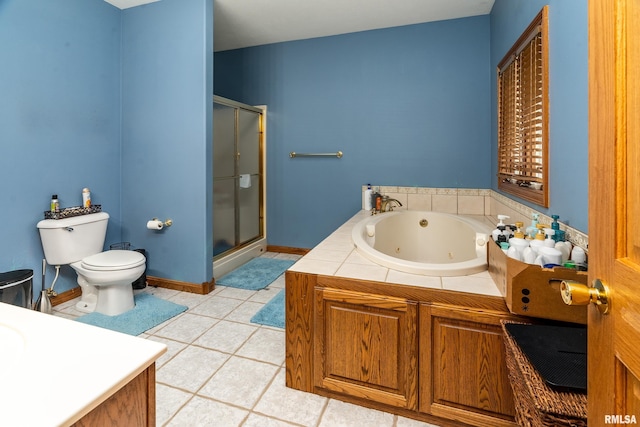 full bathroom featuring a stall shower, baseboards, toilet, a whirlpool tub, and tile patterned flooring