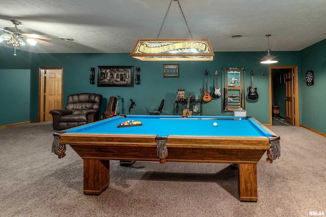 game room featuring a ceiling fan, carpet flooring, baseboards, and pool table