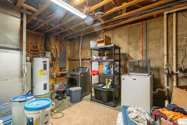 unfinished below grade area featuring washer / clothes dryer, electric panel, and electric water heater