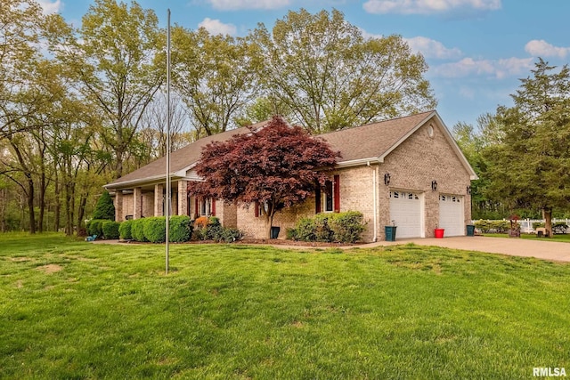 single story home featuring a front lawn, driveway, a garage, and brick siding