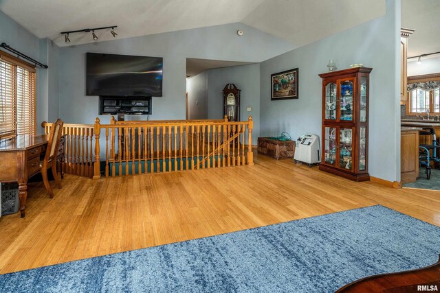 interior space featuring rail lighting, vaulted ceiling, and wood finished floors