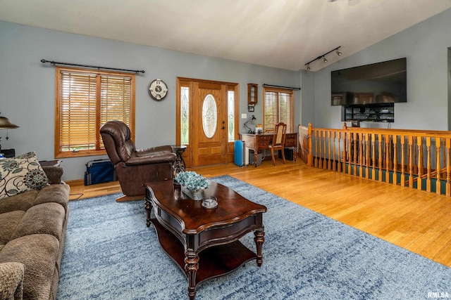 living area featuring track lighting and wood finished floors