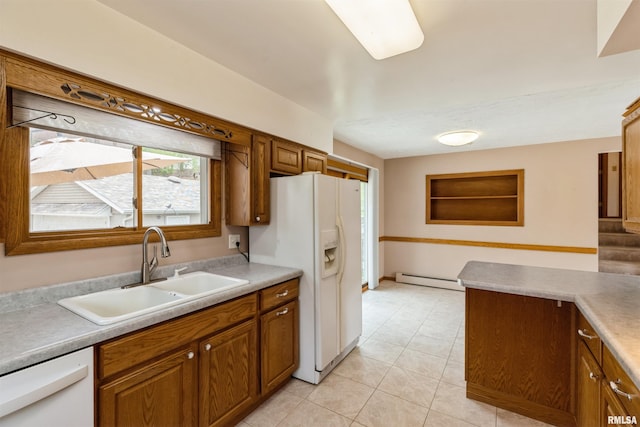12323 Niabi Zoo Rd, Coal Valley, IL 61240 - kitchen featuring a baseboard heating unit, a sink, brown cabinets, light tile patterned floors, and white appliances