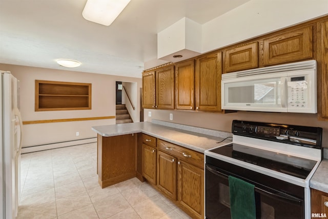 12323 Niabi Zoo Rd, Coal Valley, IL 61240 - kitchen featuring white appliances, light countertops, baseboard heating, a peninsula, and brown cabinetry