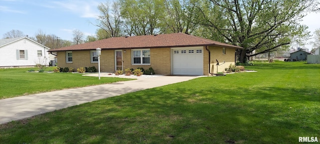ranch-style house featuring a front yard, a garage, concrete driveway, and brick siding