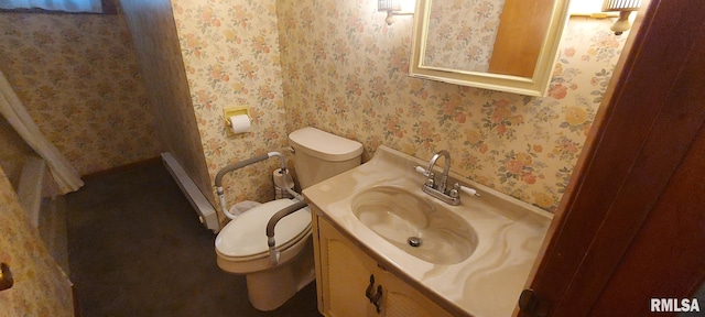bathroom featuring wallpapered walls, toilet, and vanity