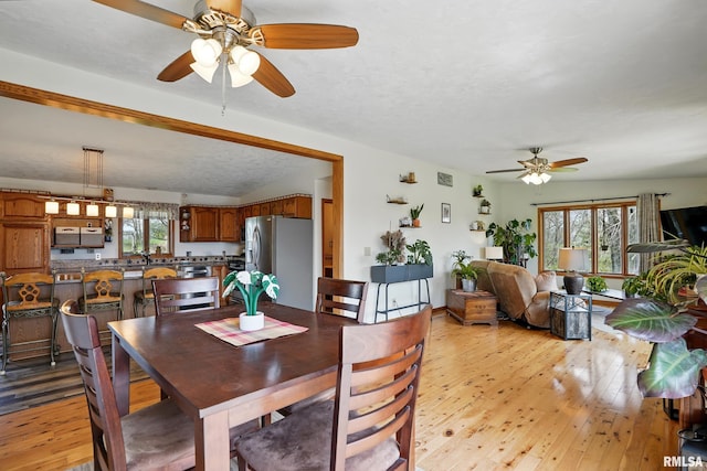 dining room with a ceiling fan and light wood finished floors