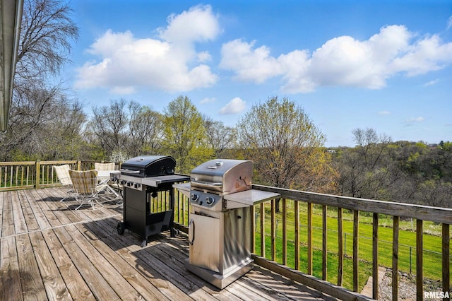 wooden deck featuring a grill and a yard