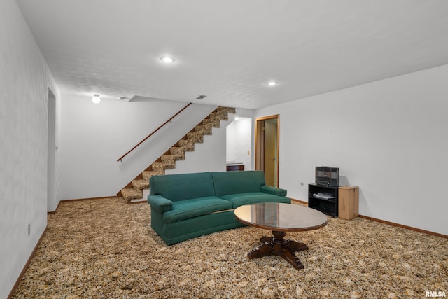 living area featuring stairway, recessed lighting, carpet, and baseboards