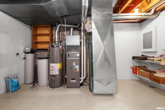 utility room with heating unit, water heater, and electric panel